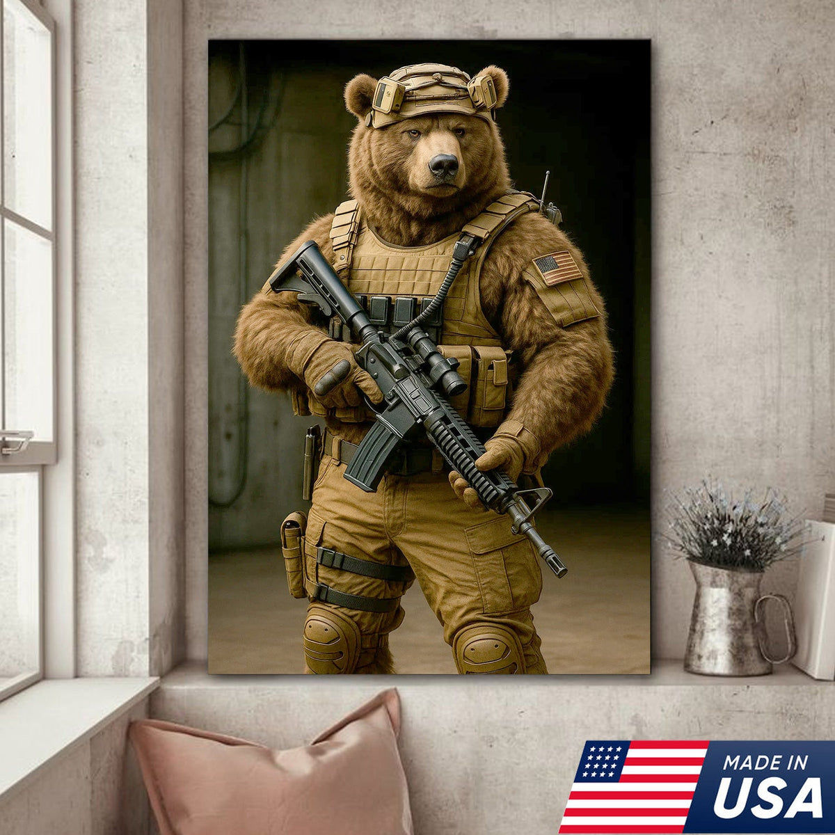 Tactical Soldier Bear Canvas Wall Art, Military Gear Animal Portrait, Rustic Man Cave Decor