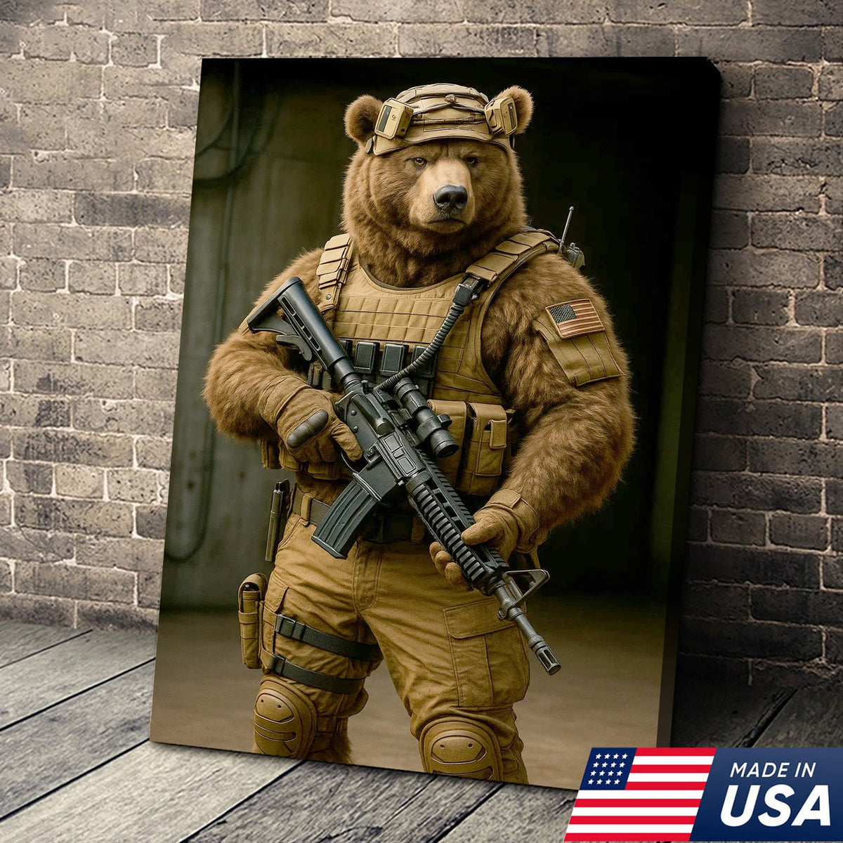 Tactical Soldier Bear Canvas Wall Art, Military Gear Animal Portrait, Rustic Man Cave Decor