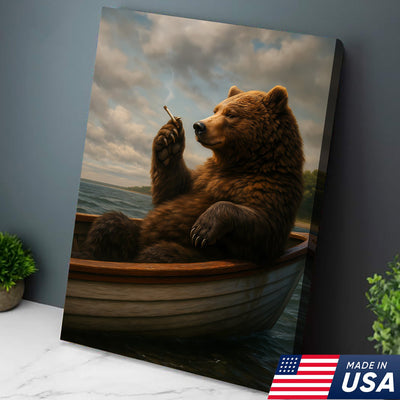The Chill Bear on the Boat Wall Art Canvas – Funny Relaxed Wall Art for Men