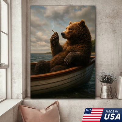 The Chill Bear on the Boat Wall Art Canvas – Funny Relaxed Wall Art for Men