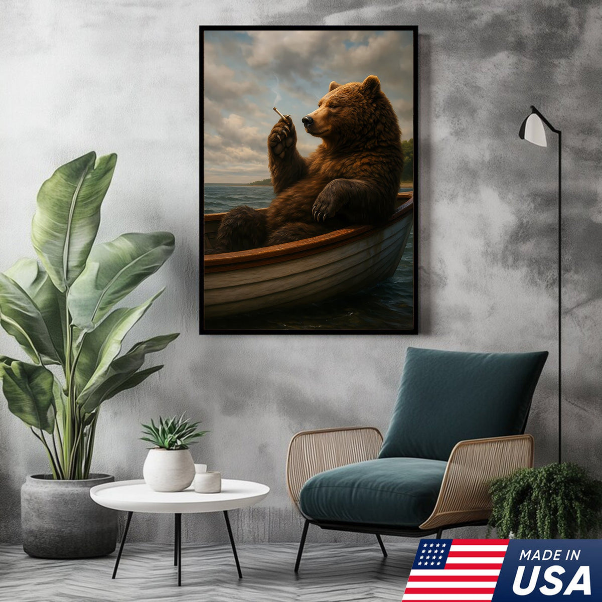 The Chill Bear on the Boat Wall Art Canvas – Funny Relaxed Wall Art for Men