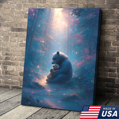 Mother Bear and Cub Canvas Wall Art – Heartwarming Wildlife Artwork in Enchanted Forest with Glowing Light
