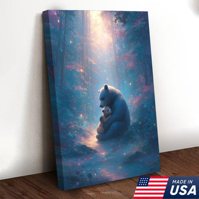 Mother Bear and Cub Canvas Wall Art – Heartwarming Wildlife Artwork in Enchanted Forest with Glowing Light