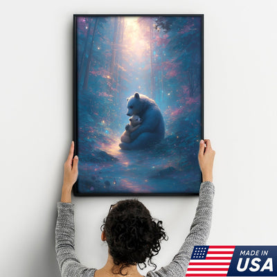Mother Bear and Cub Canvas Wall Art – Heartwarming Wildlife Artwork in Enchanted Forest with Glowing Light