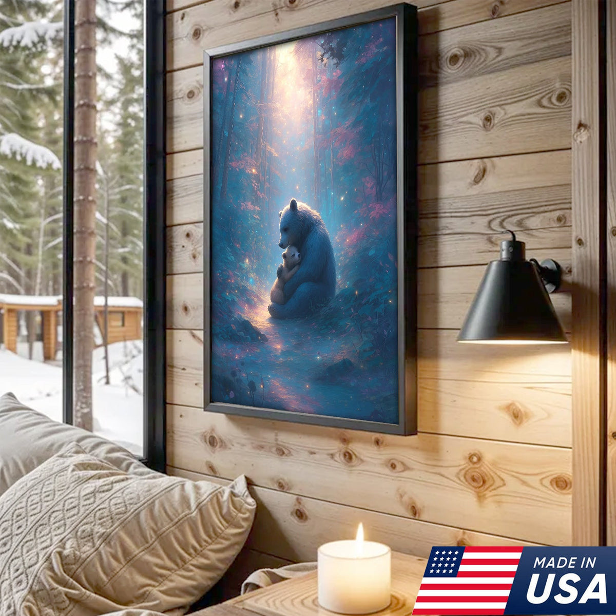 Mother Bear and Cub Canvas Wall Art – Heartwarming Wildlife Artwork in Enchanted Forest with Glowing Light