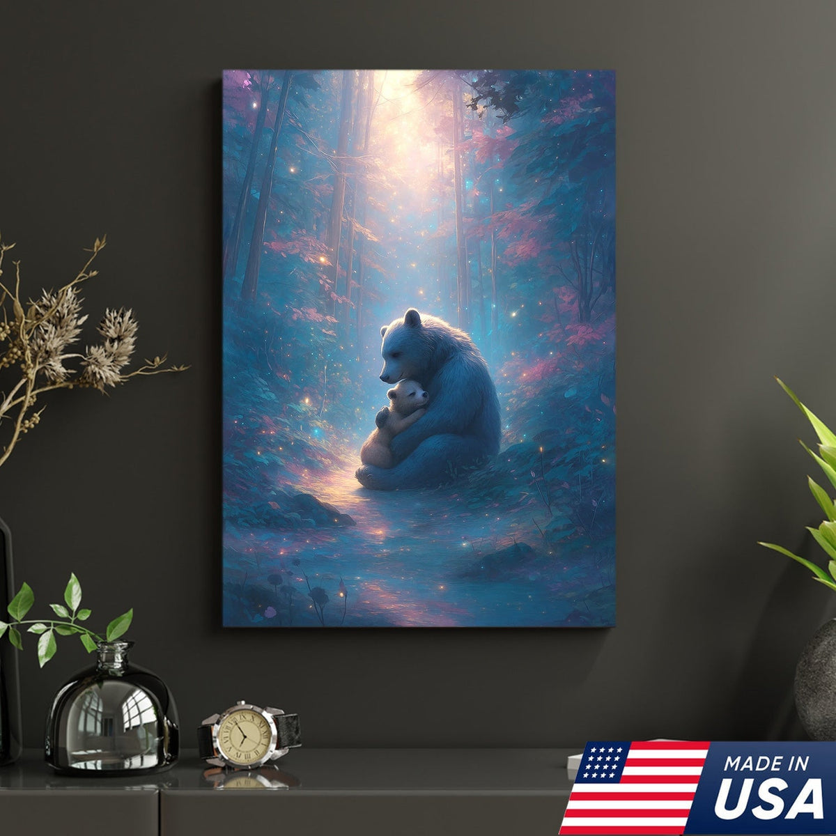 Mother Bear and Cub Canvas Wall Art – Heartwarming Wildlife Artwork in Enchanted Forest with Glowing Light
