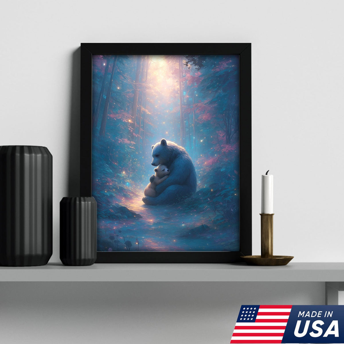 Mother Bear and Cub Canvas Wall Art – Heartwarming Wildlife Artwork in Enchanted Forest with Glowing Light
