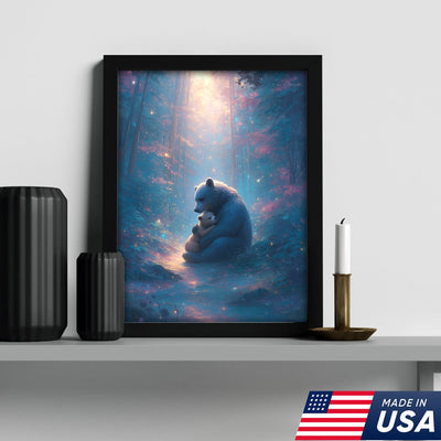 Mother Bear and Cub Canvas Wall Art – Heartwarming Wildlife Artwork in Enchanted Forest with Glowing Light