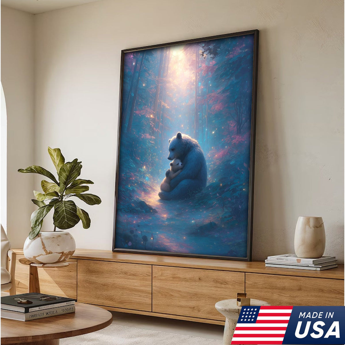 Mother Bear and Cub Canvas Wall Art – Heartwarming Wildlife Artwork in Enchanted Forest with Glowing Light