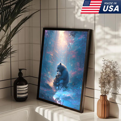 Mother Bear and Cub Canvas Wall Art – Heartwarming Wildlife Artwork in Enchanted Forest with Glowing Light