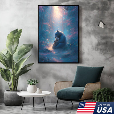 Mother Bear and Cub Canvas Wall Art – Heartwarming Wildlife Artwork in Enchanted Forest with Glowing Light