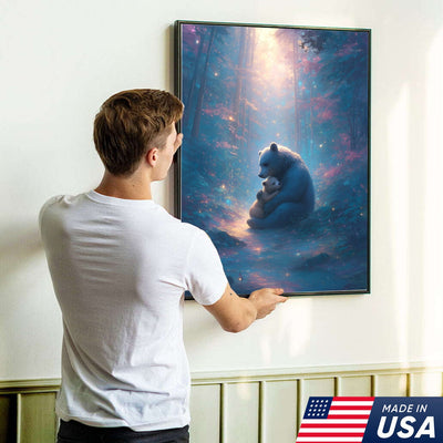 Mother Bear and Cub Canvas Wall Art – Heartwarming Wildlife Artwork in Enchanted Forest with Glowing Light