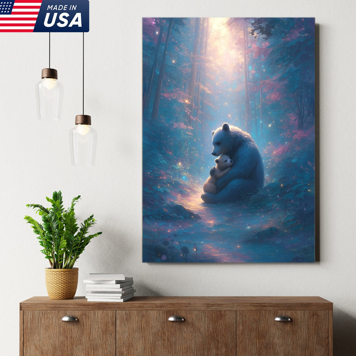 Mother Bear and Cub Canvas Wall Art – Heartwarming Wildlife Artwork in Enchanted Forest with Glowing Light