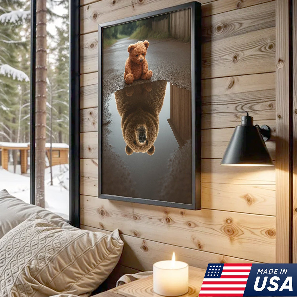 Teddy Bear Reflection Canvas Wall Art, Whimsical Bear in Puddle Artwork