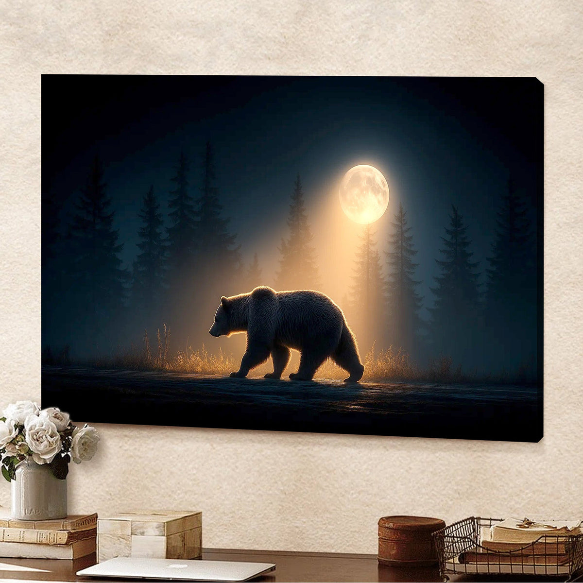 Bear Canvas Wall Art – Majestic Grizzly Walking Under Full Moon in Forest