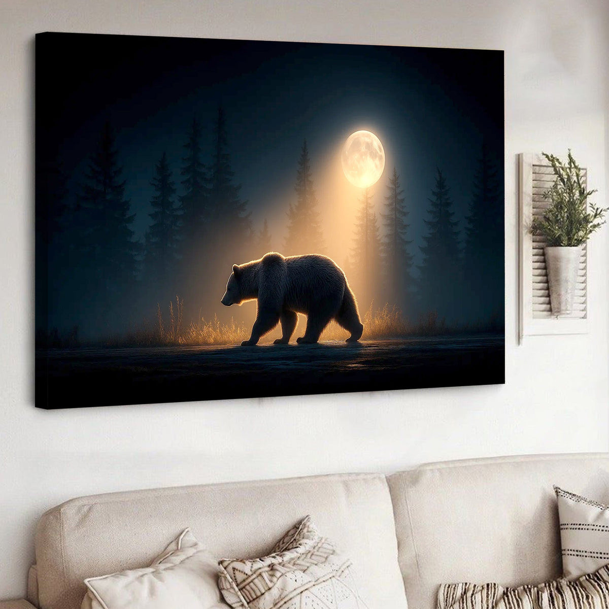 Bear Canvas Wall Art – Majestic Grizzly Walking Under Full Moon in Forest