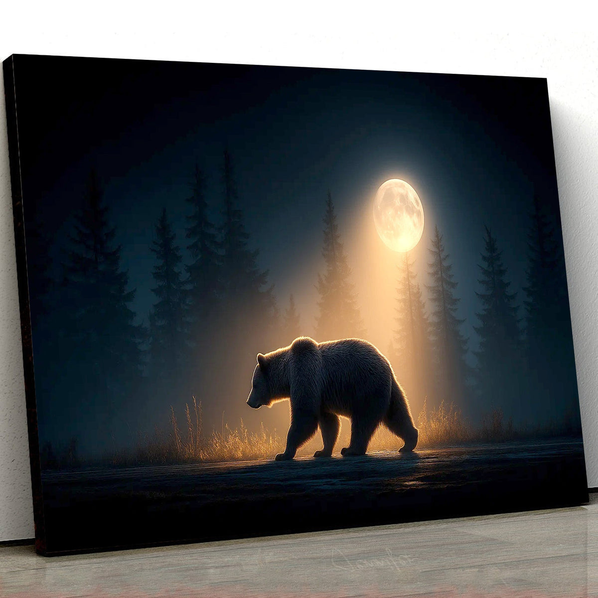 Bear Canvas Wall Art – Majestic Grizzly Walking Under Full Moon in Forest
