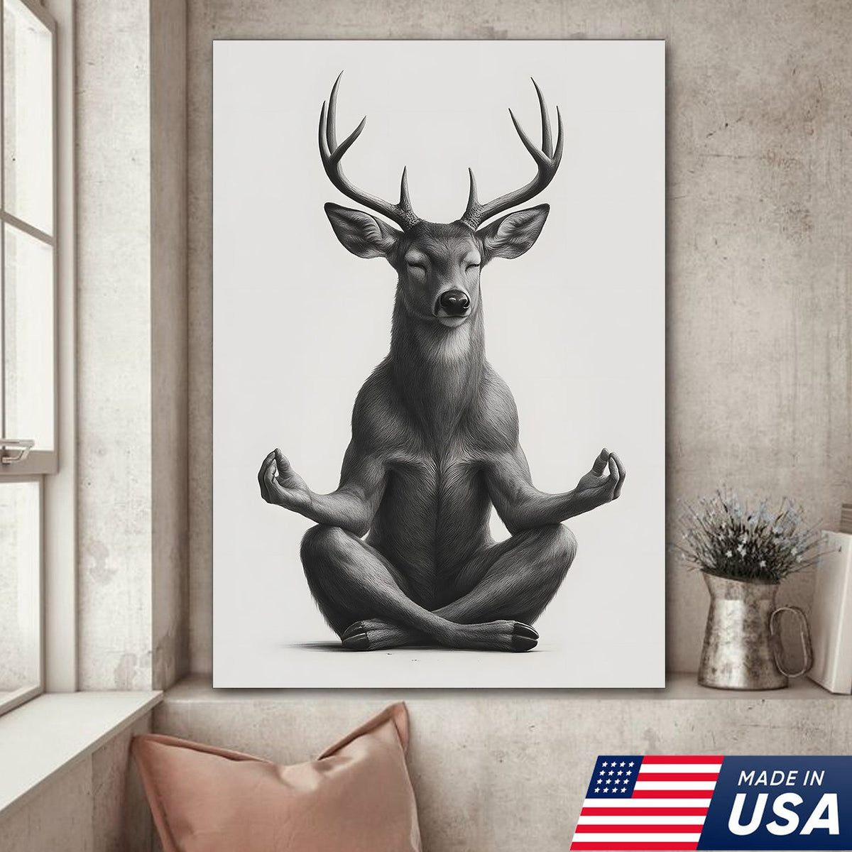 Yoga Deer Canvas Wall Art, Meditating Buck Minimalist Black and White Print, Peaceful Wildlife Zen Decor
