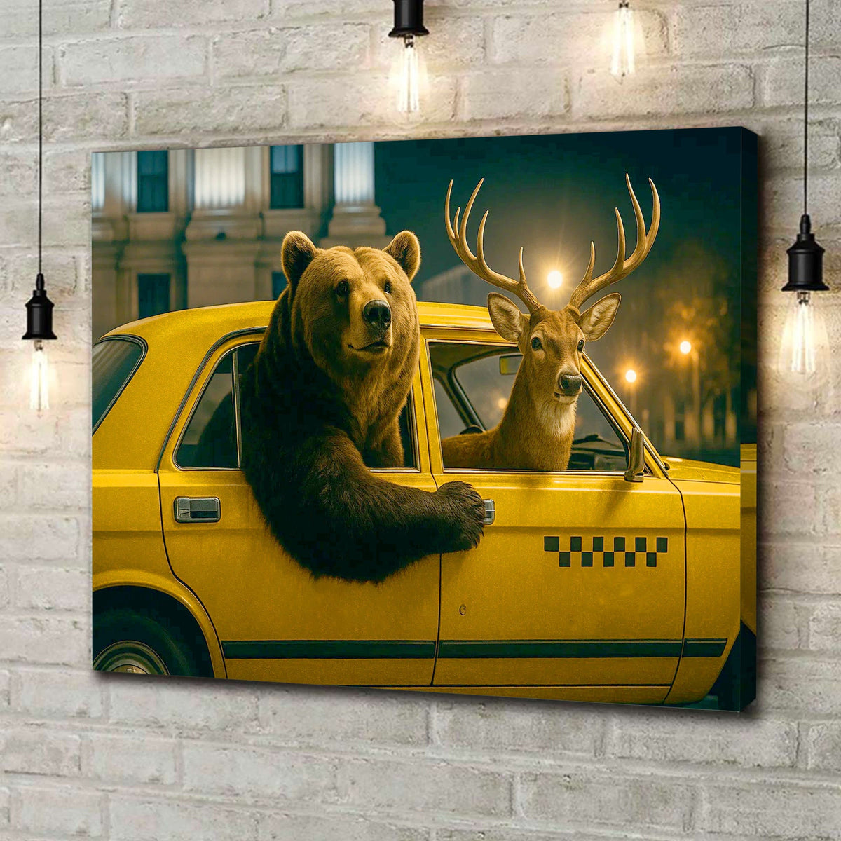 Bear & Deer Riding Yellow Taxi Canvas Wall Art, Funny Wildlife Driving Picture for Game Room & Cabin