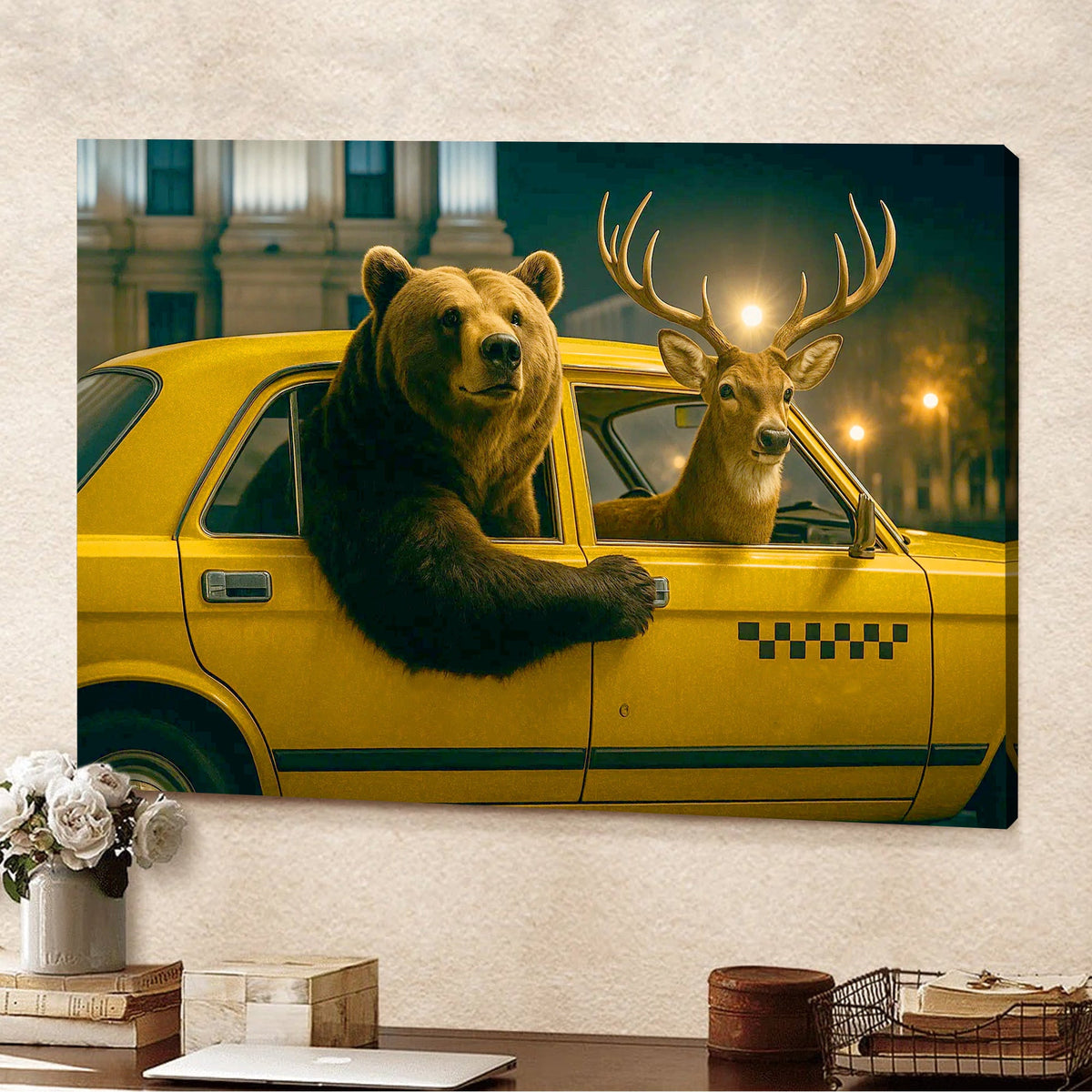 Bear & Deer Riding Yellow Taxi Canvas Wall Art, Funny Wildlife Driving Picture for Game Room & Cabin