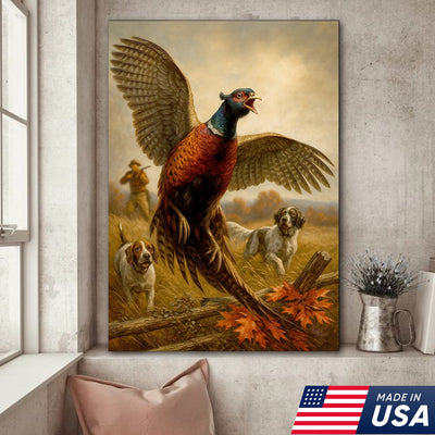 Pheasant Hunting Canvas – Flushing Bird with Pointing Dogs, Cabin & Man Cave Wall Art