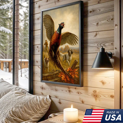 Pheasant Hunting Canvas – Flushing Bird with Pointing Dogs, Cabin & Man Cave Wall Art