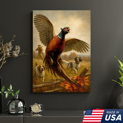 Pheasant Hunting Canvas – Flushing Bird with Pointing Dogs, Cabin & Man Cave Wall Art