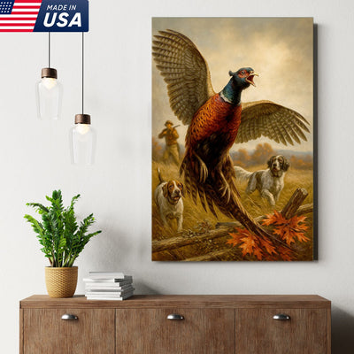 Pheasant Hunting Canvas – Flushing Bird with Pointing Dogs, Cabin & Man Cave Wall Art