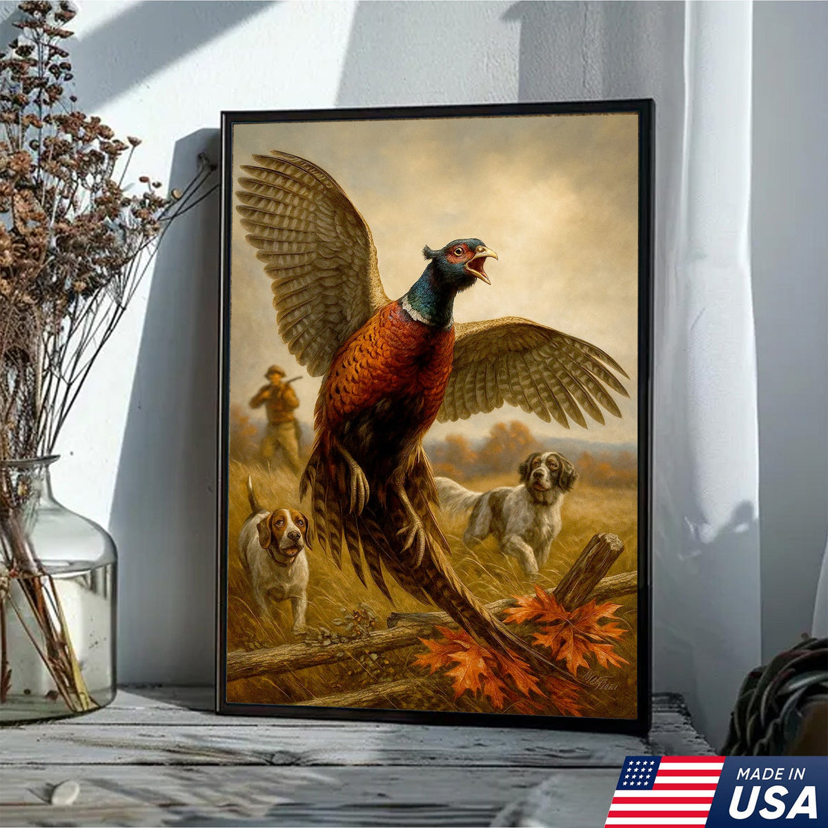 Pheasant Hunting Canvas – Flushing Bird with Pointing Dogs, Cabin & Man Cave Wall Art