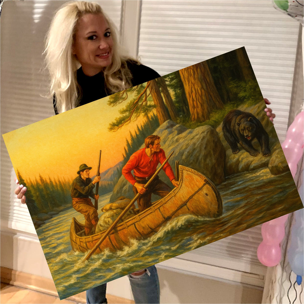 Vintage Canoe Adventure Canvas Wall Art – Retro Wilderness Painting with Hunters and Bear Scene