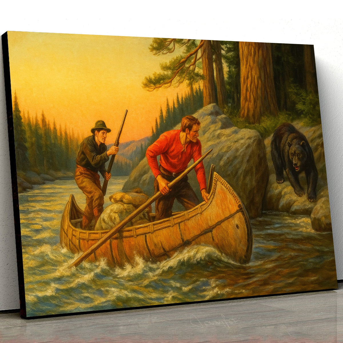 Vintage Canoe Adventure Canvas Wall Art – Retro Wilderness Painting with Hunters and Bear Scene