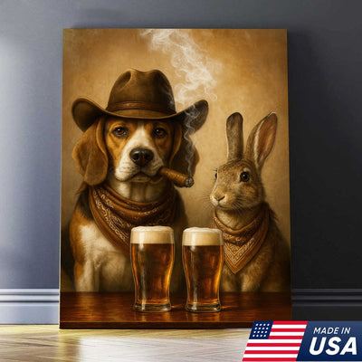 Funny Dog & Rabbit Beer Canvas Wall Art – Rustic Cowboy Bar Decor Gift for Hunters