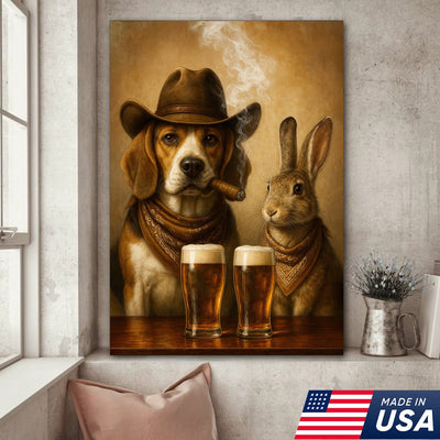Funny Dog & Rabbit Beer Canvas Wall Art – Rustic Cowboy Bar Decor Gift for Hunters