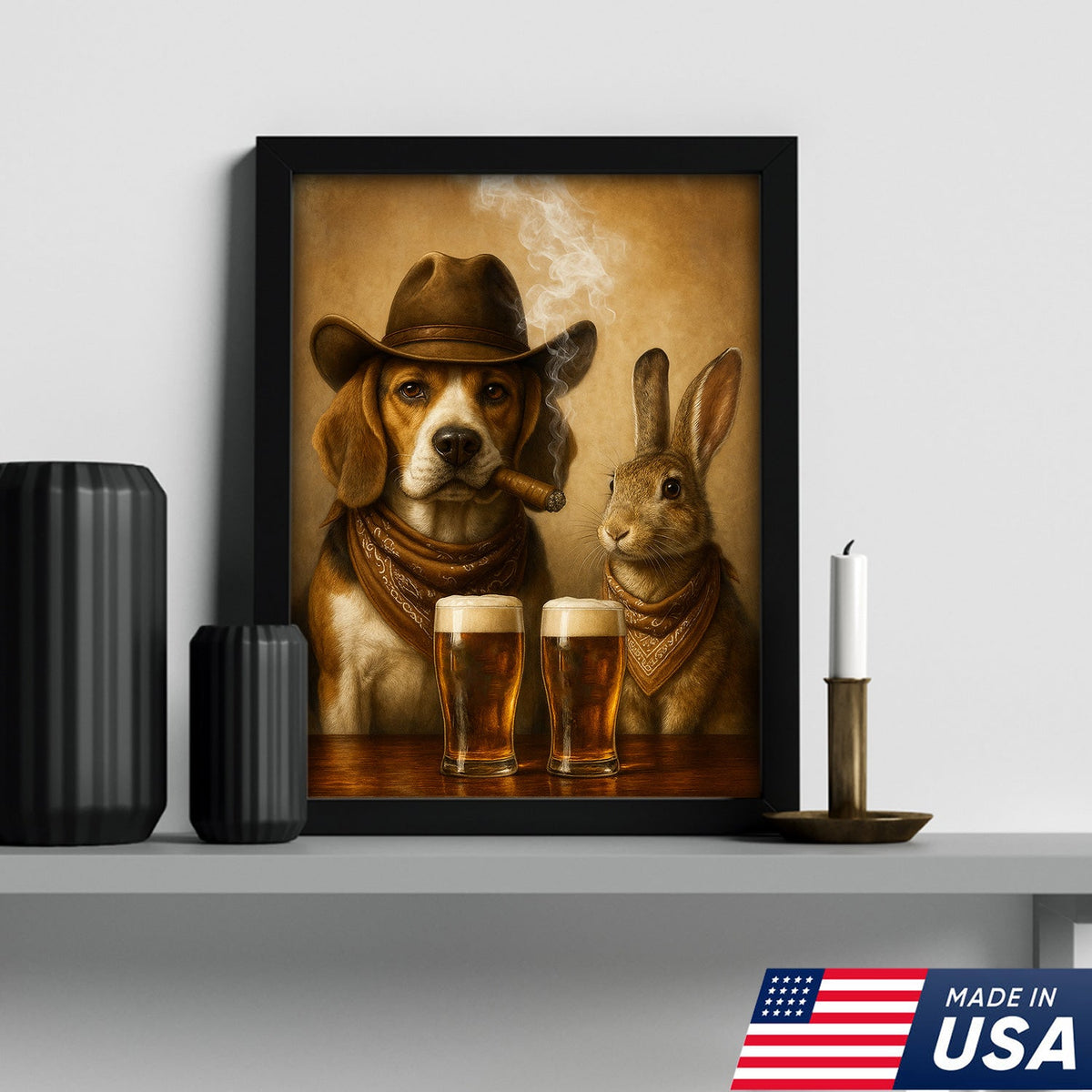 Funny Dog & Rabbit Beer Canvas Wall Art – Rustic Cowboy Bar Decor Gift for Hunters