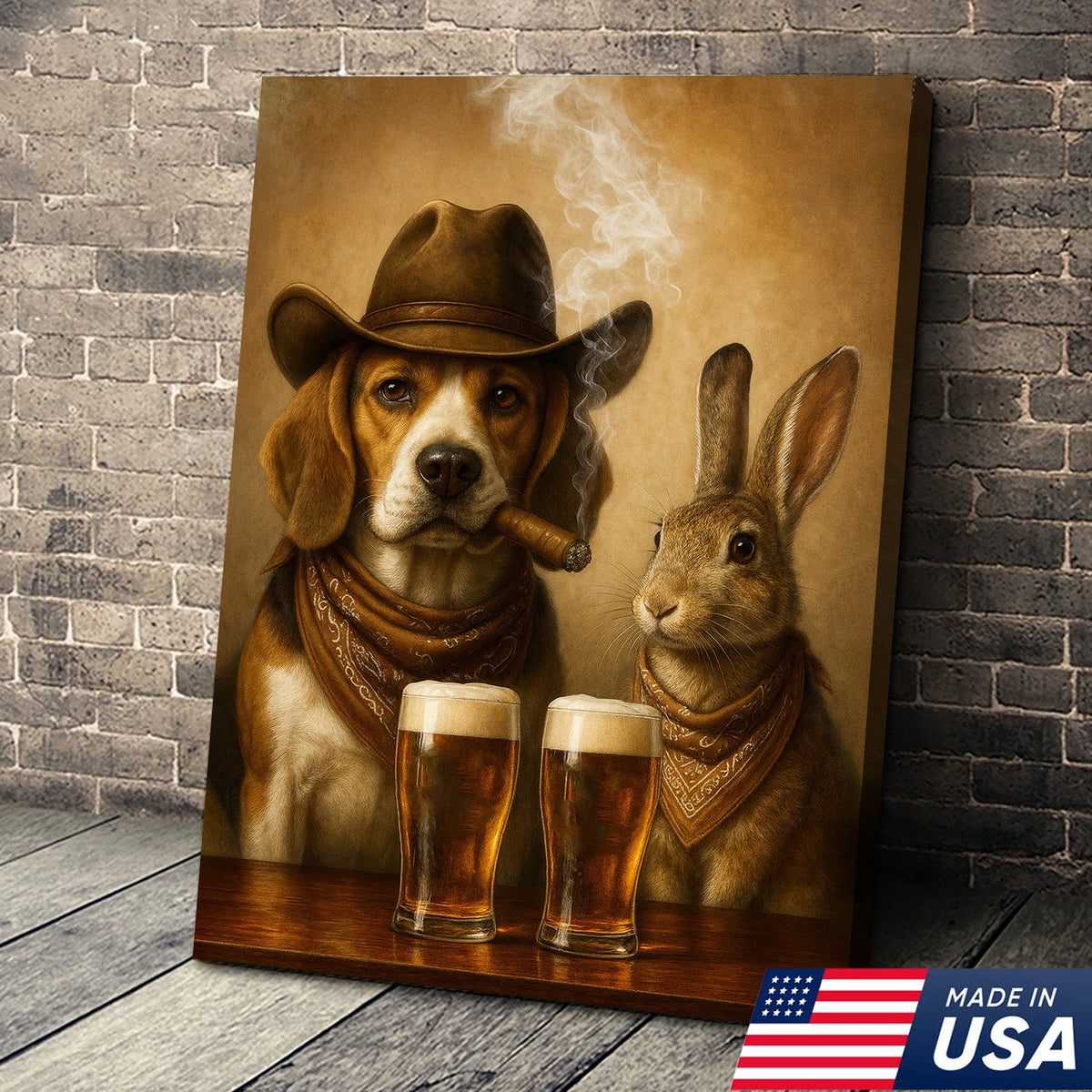 Funny Dog & Rabbit Beer Canvas Wall Art – Rustic Cowboy Bar Decor Gift for Hunters