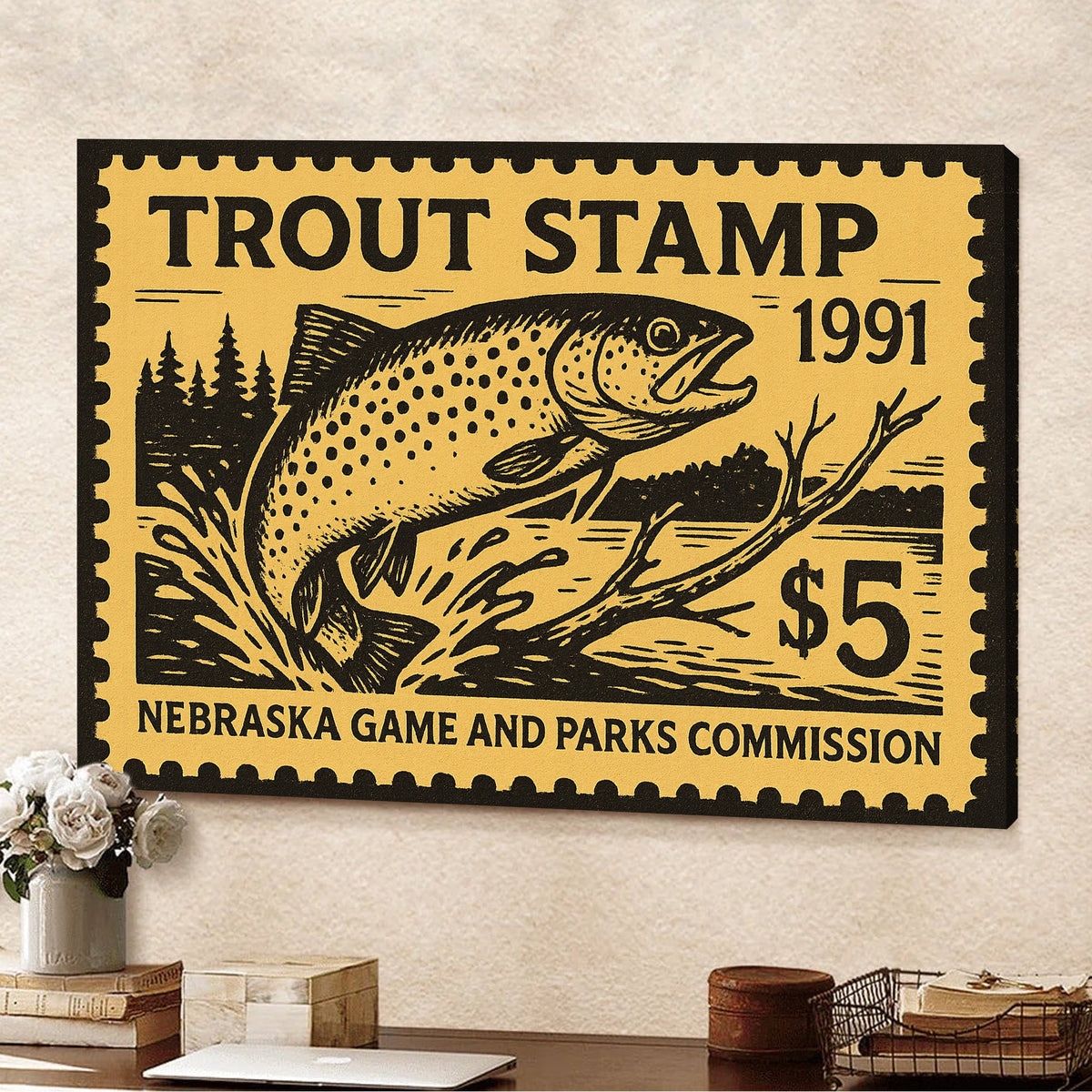 Vintage Trout Stamp Canvas Wall Art – Rustic Fishing Lodge Decor Gift for Anglers & Collectors