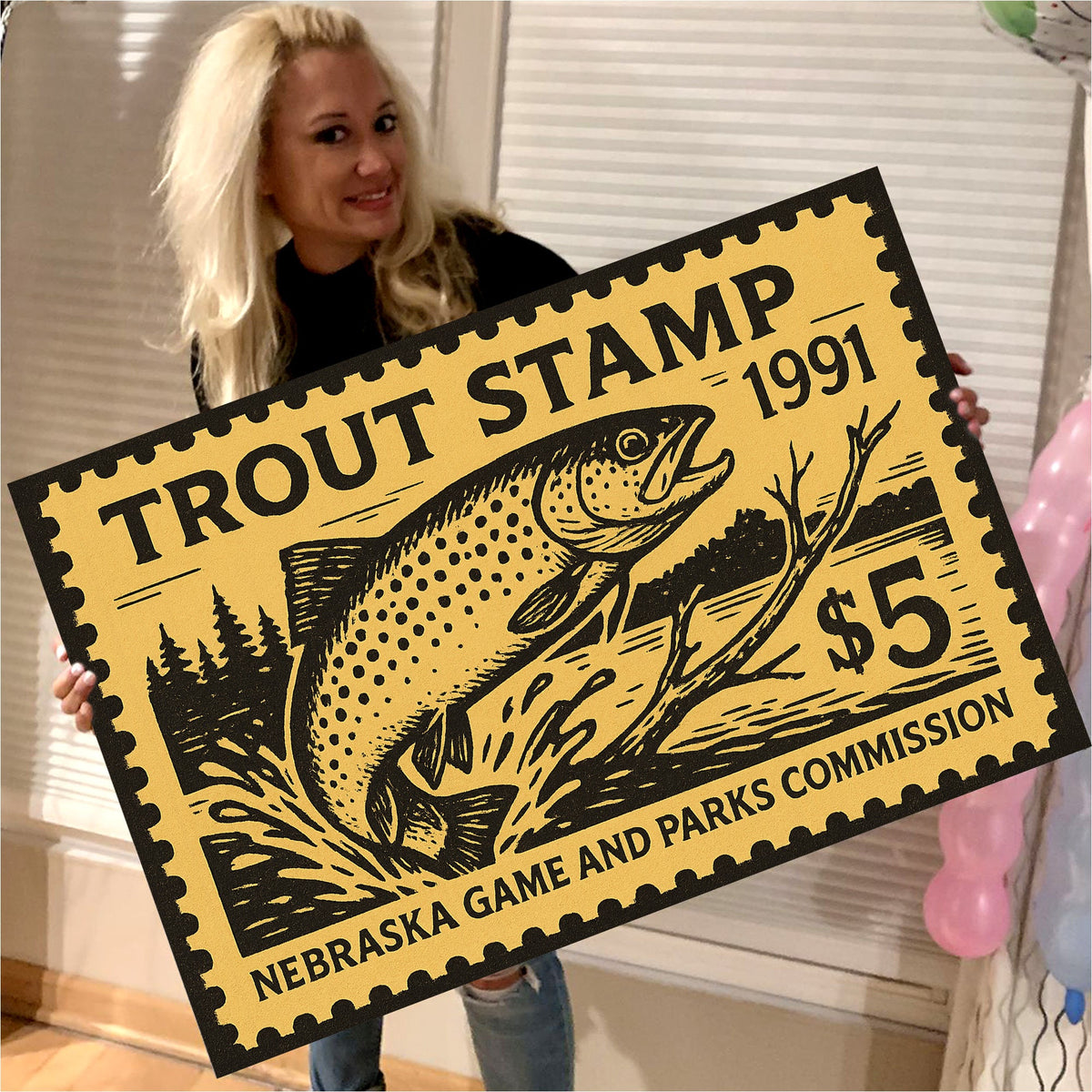 Vintage Trout Stamp Canvas Wall Art – Rustic Fishing Lodge Decor Gift for Anglers & Collectors