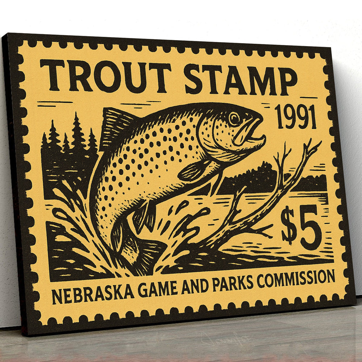 Vintage Trout Stamp Canvas Wall Art – Rustic Fishing Lodge Decor Gift for Anglers & Collectors