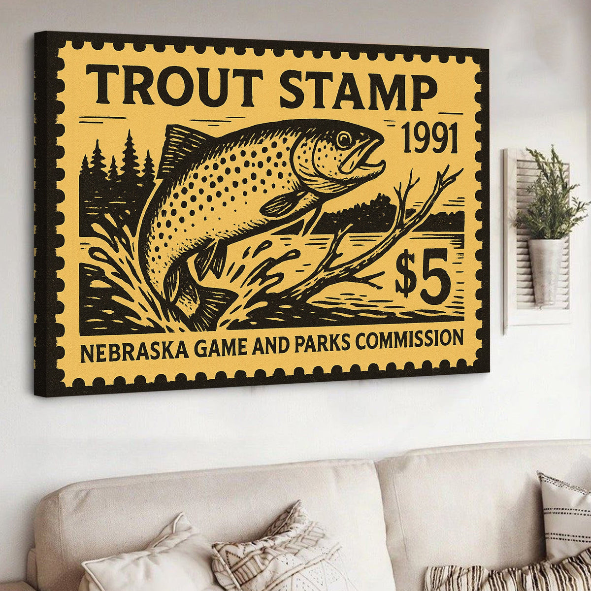 Vintage Trout Stamp Canvas Wall Art – Rustic Fishing Lodge Decor Gift for Anglers & Collectors