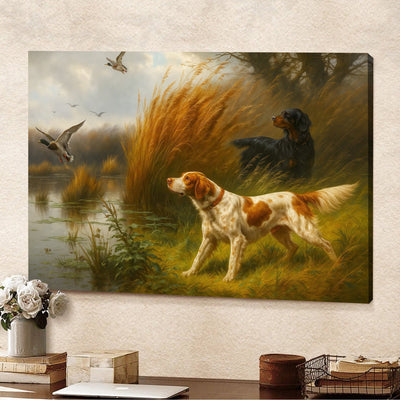 Hunting Dogs and Mallards Canvas Wall Art – Rustic Wildlife Scene – Perfect Lodge or Cabin Decor