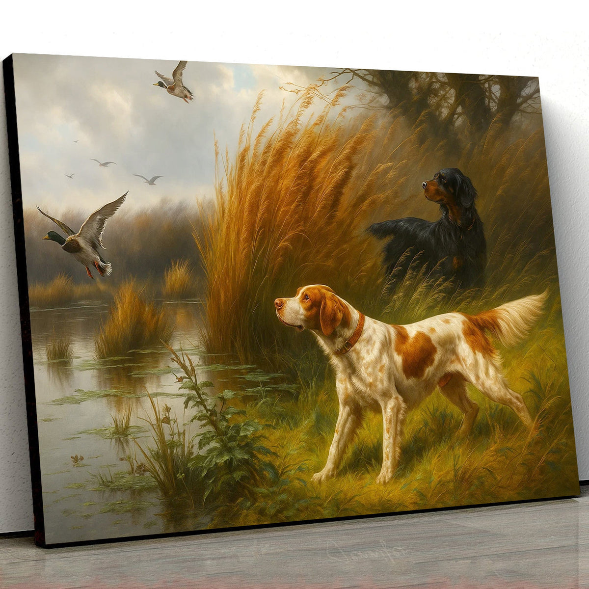 Hunting Dogs and Mallards Canvas Wall Art – Rustic Wildlife Scene – Perfect Lodge or Cabin Decor