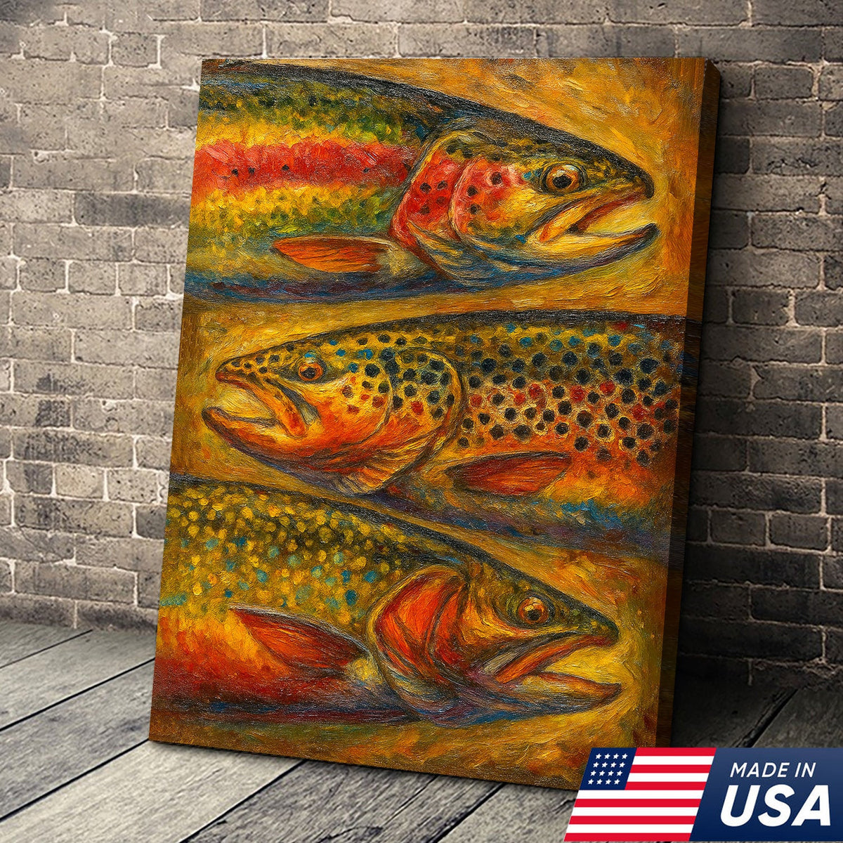Trout Oil Painting Canvas Wall Art – Rustic Fishing Lodge Decor Gift for Anglers & Nature Lovers