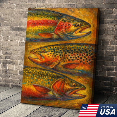 Trout Oil Painting Canvas Wall Art – Rustic Fishing Lodge Decor Gift for Anglers & Nature Lovers