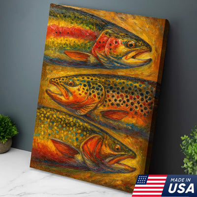 Trout Oil Painting Canvas Wall Art – Rustic Fishing Lodge Decor Gift for Anglers & Nature Lovers
