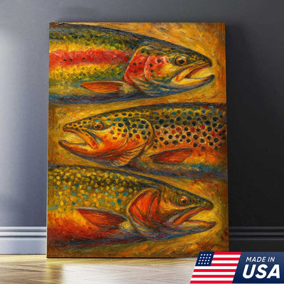 Trout Oil Painting Canvas Wall Art – Rustic Fishing Lodge Decor Gift for Anglers & Nature Lovers