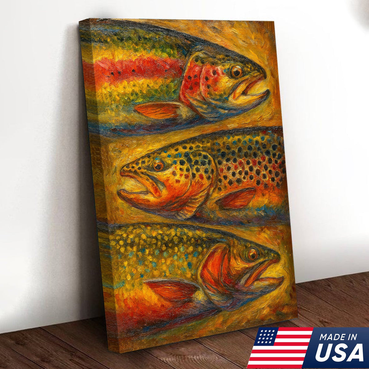 Trout Oil Painting Canvas Wall Art – Rustic Fishing Lodge Decor Gift for Anglers & Nature Lovers