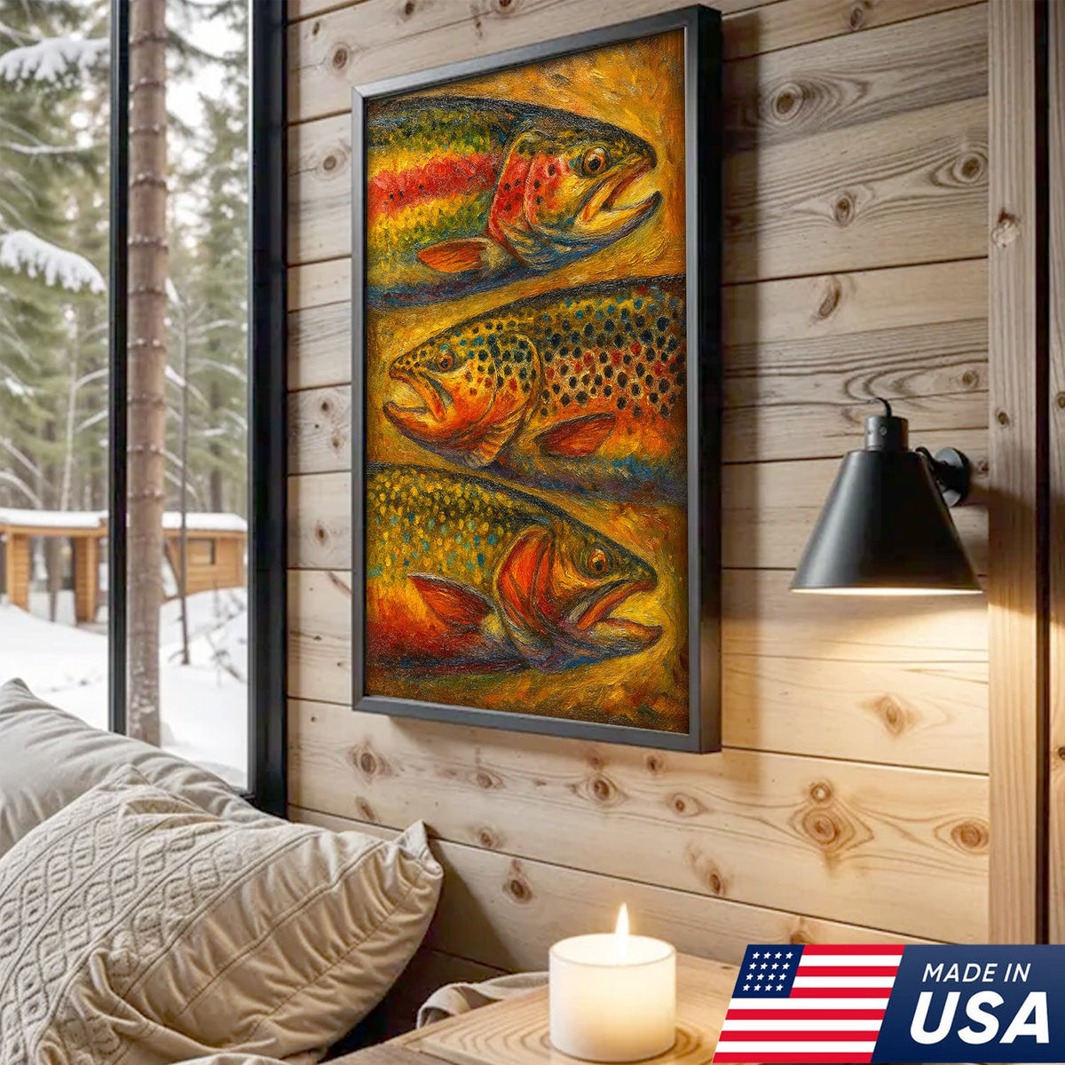 Trout Oil Painting Canvas Wall Art – Rustic Fishing Lodge Decor Gift for Anglers & Nature Lovers