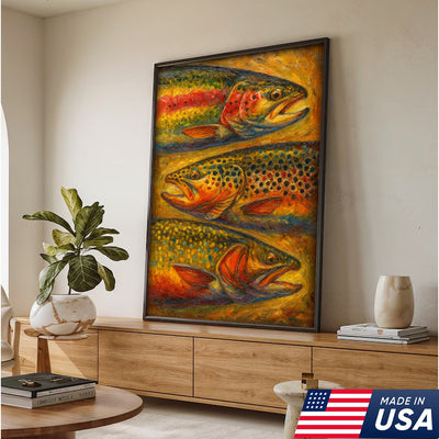 Trout Oil Painting Canvas Wall Art – Rustic Fishing Lodge Decor Gift for Anglers & Nature Lovers