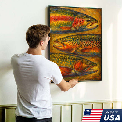 Trout Oil Painting Canvas Wall Art – Rustic Fishing Lodge Decor Gift for Anglers & Nature Lovers