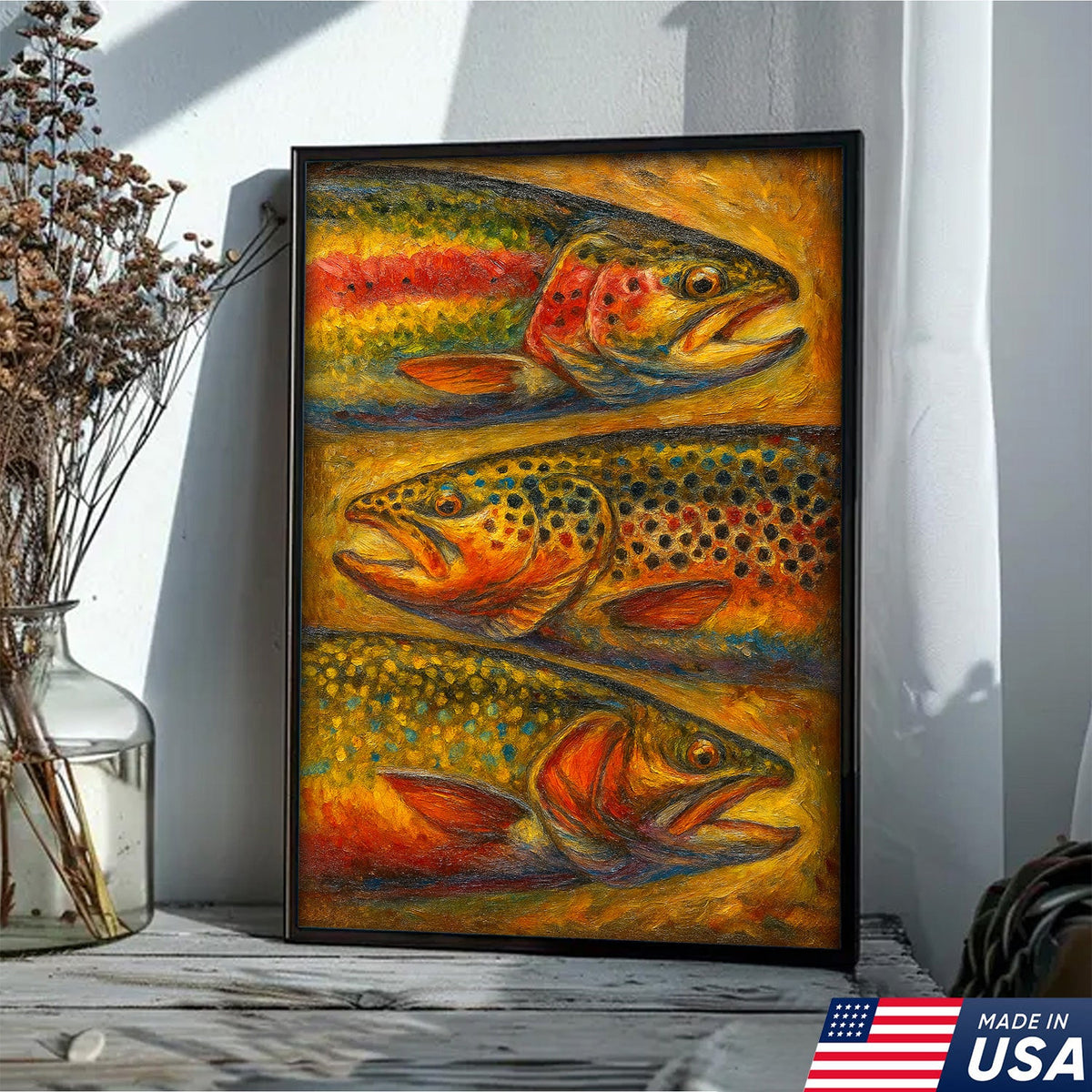 Trout Oil Painting Canvas Wall Art – Rustic Fishing Lodge Decor Gift for Anglers & Nature Lovers